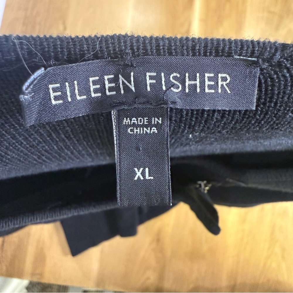 Eileen Fisher Long Knit Cardigan Jacket, Black Silk-Cotton Blend leather trim XL - Picture 10 of 12